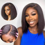 4C Edges Hairline Kinky Straight 6×5 Pre-bleached Knots Natural Scalp 180% Density Short Bob Wig