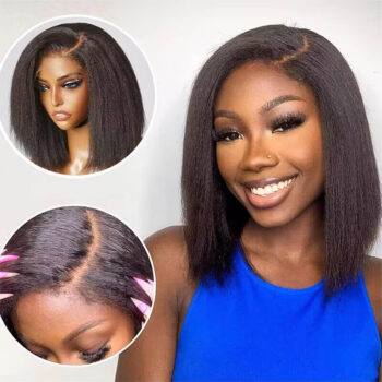 4C Edges Hairline Kinky Straight 6×5 Pre-bleached Knots Natural Scalp 180% Density Short Bob Wig