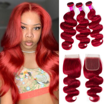 Brazilian Red Color Body Wave 3 Bundles With Lace Closure Virgin Human Hair Bundles With Lace Closure
