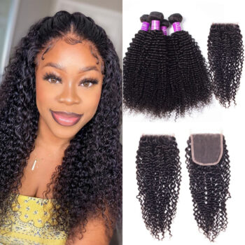 Celie Hair Brazilian Kinky Curly Human Hair Weave 4 Bundles With Closure Natural color