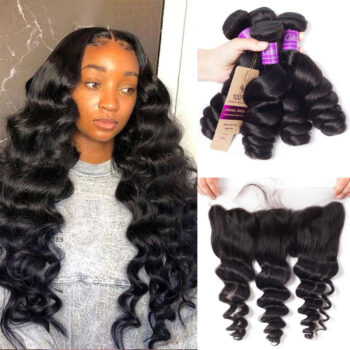 Peruvian Loose Wave 4 Bundles With Frontal 100% Human Hair Weave Bundles with Baby Hair Closure