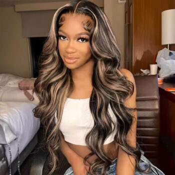 Balayage Honey Blonde Highlight Glueless Wig Brazilian Body Wave 13×4 Full Frontal HD Lace Wig 180% Density