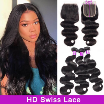 Brazilian Body Wave Hair 3 Bundles with 5×5 HD Lace Closure Virgin Human Hair