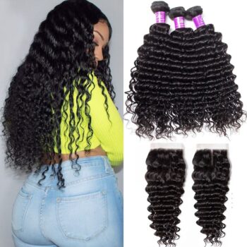 10A Brazilian Virgin Hair Deep Wave 3 Bundles With Closure Celie Hair Deep Curly With Closure 100% Human Hair