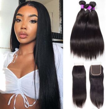 Brazilian Straight Hair 4 Bundles With Closure Celie Hair 10A Brazilian Remy Human Hair Bundles With Closure