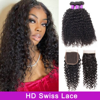 Brazilian Huan Hair Curly 3 Bundles With 5×5 HD Lace Closure