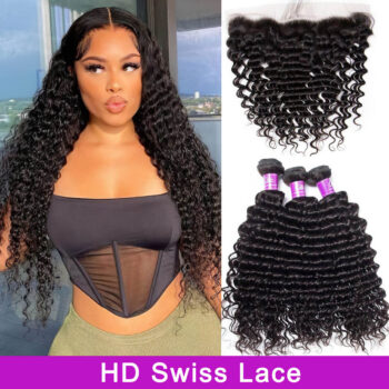 HD Lace Frontal Brazilian Deep Wave Virgin Hair 3 Bundles with HD Frontal