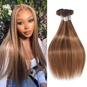 Honey Blonde Straight Human Hair Weave 3 Bundles Brazilian P4/27 Highlights