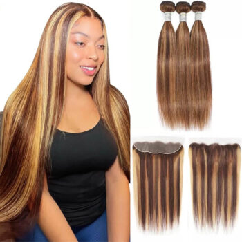 P4/27 Honey Blonde Highlight Straight Hair 3 Bundles With Lace Frontal