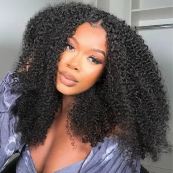Beginner Friendly V Part Kinky Curly Wig Bomb Look Glueless Human Hair Wigs Natural Scalp