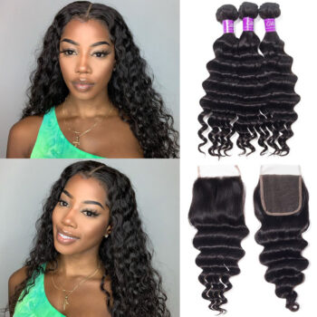 10A Brazilian Loose Deep Wave 3 Bundles Human Hair Weft With Closure