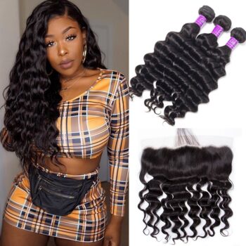 Brazilian Loose Deep Human Hair Weave Bundles With Frontal Virgin Hair 3 Bundles With 13*4 Frontal