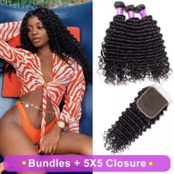 Celie Brazilian Deep Wave Virgin Hair 3 Bundles With 5×5 Closure 10A Grade Best Sale