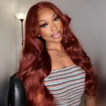 Reddish Brown Curtain Bangs Body Wave 6×5 Pre-cut Hd Glueless Wig with Layers 180% Density