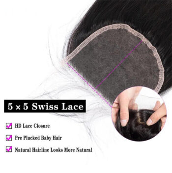 Brazilian Straight Hair 3 Bundles with 5×5 HD Lace Closure Virgin Human Hair