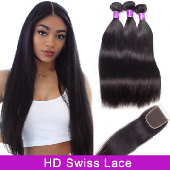 Brazilian Straight Hair 3 Bundles with 5×5 HD Lace Closure Virgin Human Hair