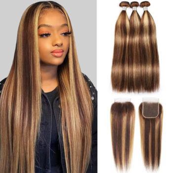 Brazilian Virgin Hair P4/27 Highlight Straight Hair 3 Bundles With 5×5 Closure