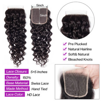 Brazilian Water Wave 3 Bundles With 5×5 HD Lace Closure