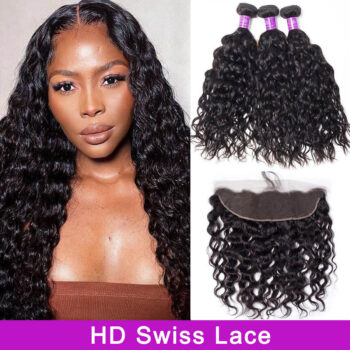 HD Lace Frontal Brazilian Water Wave Virgin Hair 3 Bundles with HD Frontal